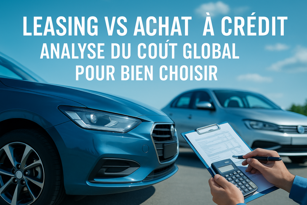 Voiture garée en milieu urbain avec indication graphique du coût global entre leasing et achat à crédit