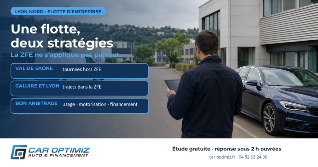 Courtier automobile Lyon Nord : la frontière ZFE coupe la zone en deux — Val de Saône hors ZFE, Caluire dans la ZFE (Car Optimiz)