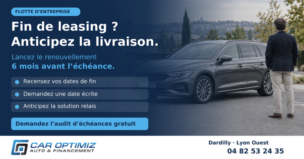 Visuel Car Optimiz sur le délai de livraison d’un véhicule d’entreprise, de quatre à dix mois selon le site d’assemblage, et la règle des six mois avant l’échéance