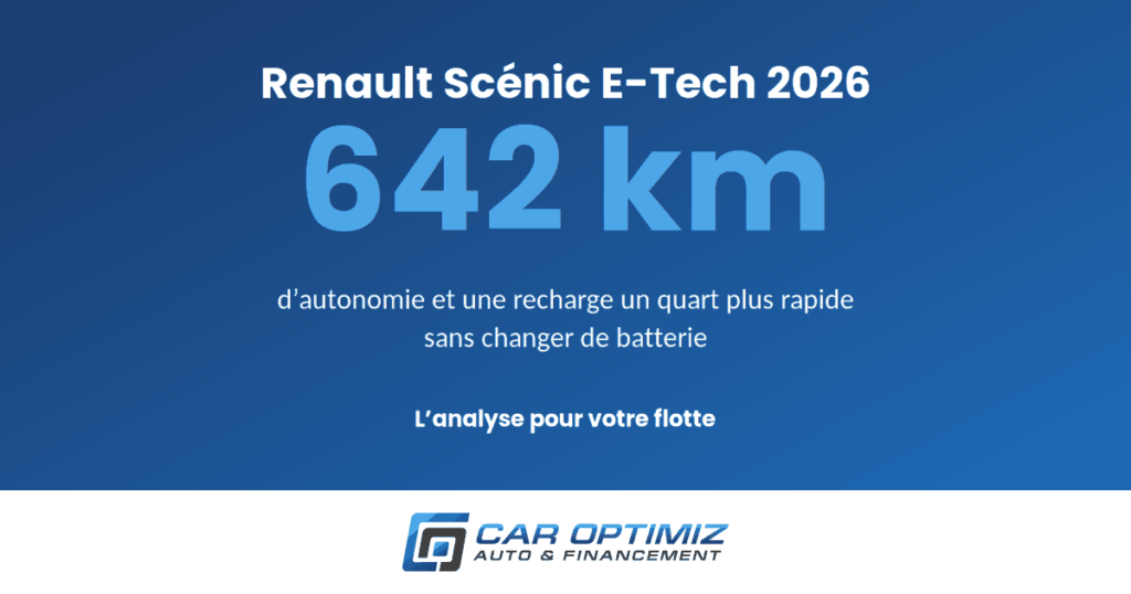 Renault Scénic E-Tech 2026 : 642 km d’autonomie WLTP et recharge 15-80 % en 28 minutes — analyse Car Optimiz pour les flottes