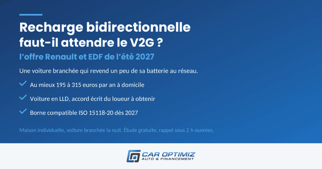 Recharge bidirectionnelle V2G : offre Renault et EDF 2027, gain réel et clauses de LLD — Car Optimiz