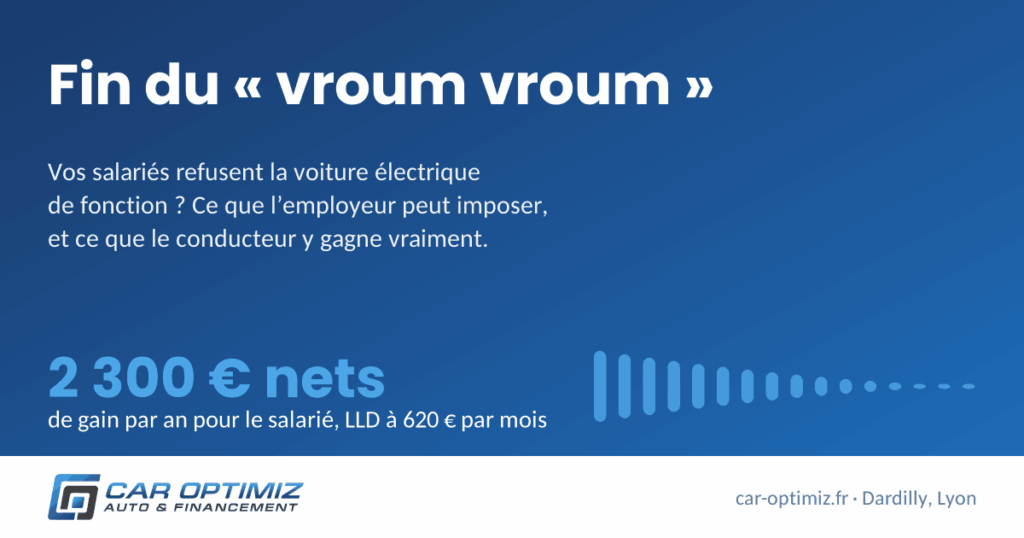 Dirigeant et salarié devant une voiture électrique de fonction, car policy électrique en entreprise à Lyon